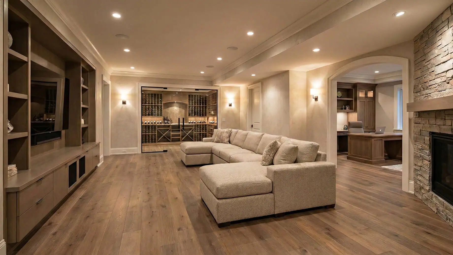 High-end basement renovation: warm living area with large beige sectional, stone fireplace, and beautiful wine cellar.