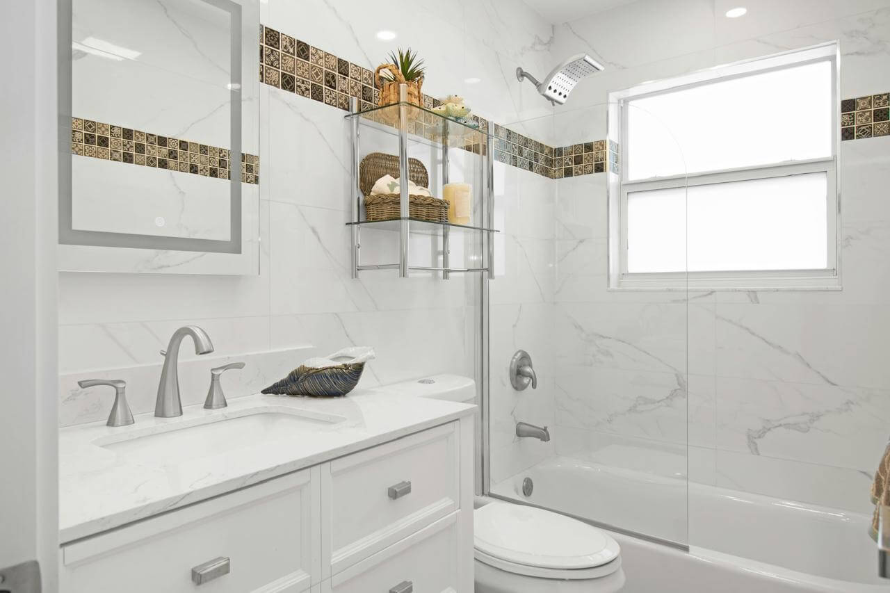 Bathroom renovation Yonkers NY by AlbStar Renovation — green vanity luxury bathroom tile shower