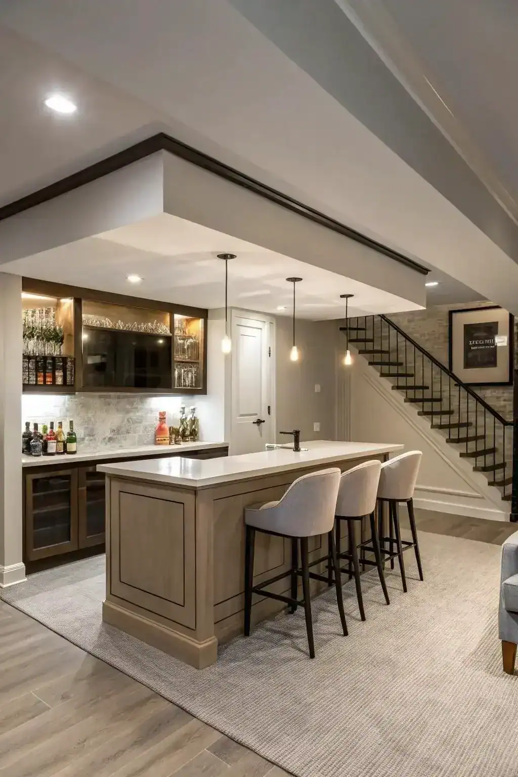 Luxury basement renovation Scarsdale NY by AlbStar Renovation — finished basement wet bar wine fridge pendant lights floating staircase