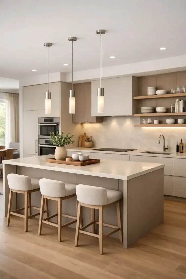 Luxury kitchen remodeling Scarsdale NY by AlbStar Renovation — warm neutral kitchen island barstools pendant lights open shelving