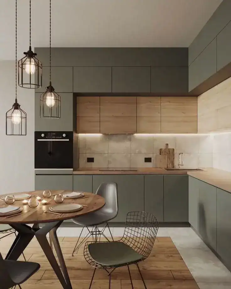Kitchen remodeling White Plains NY by AlbStar Renovation — dark green modern kitchen wood cabinets pendant lights