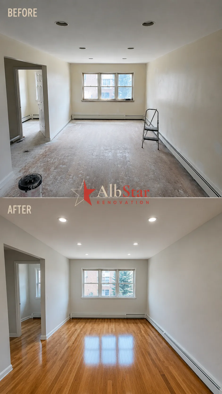 hardwood floor refinishing vs replacement Yonkers NY — before and after by AlbStar Renovation